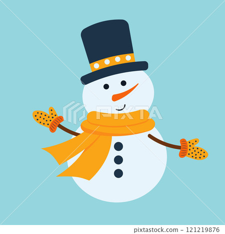 Cute snowman in hat, scarf and mittens. Christmas funny winter character. Vector flat hand drawn illustration. Cute snowman in hat, scarf and mittens. Christmas funny winter character. Vector flat hand drawn illustration. 121219876