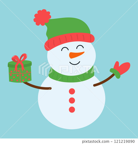 Cute snowman in warm hat, scarf and mittens holding gift box. Christmas funny winter character. Vector flat hand drawn illustration. Cute snowman in warm hat, scarf and mittens holding gift box. Christmas funny winter character. Vector flat hand drawn illustration. 121219890