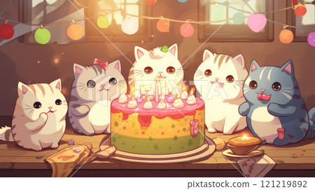 Kawaii fat cats sitting around birthday cake. Cute cartoon illustration Kawaii fat cats sitting around birthday cake. Cute cartoon illustration 121219892