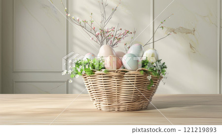 Easter basket with colorful eggs, decorative greenery and spring flowers, on a wooden surface and a light background 121219893