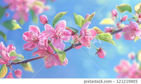Blossoming sakura or apple tree branch with bright pink flowers, blue sky as background Blossoming sakura or apple tree branch with bright pink flowers, blue sky as background 121219905