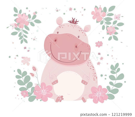 Cute hippopotamus isolated on white background. Cute baby hippo sitting with flowers around 121219999