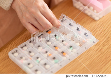 Middle-aged to senior women taking regular medication in a pill case Middle-aged to senior women taking regular medication in a pill case 121220040
