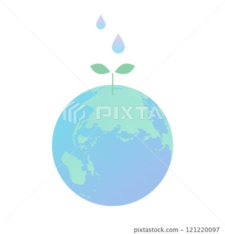 藍色地球的插圖，幼葉生長在生態圖像和水滴中 121220097