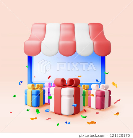 3D striped awning in computer and gift boxes. 121220170