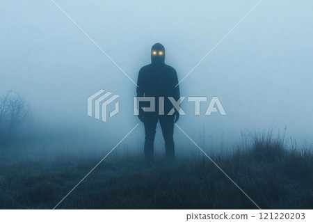 A shadowy figure with glowing eyes emerging from a misty backdrop, representing the strength 121220203