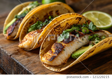 Arranged on a wooden table, seafood tacos filled with grilled fish, avocado and lime embody 121220215
