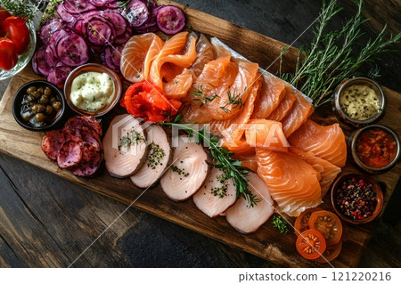 A luxurious seafood charcuterie board features smoked fish, pickled vegetables and gourmet sauces 121220216