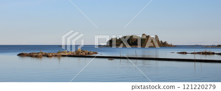 View from Vita Sannar, Sweden. Rock formation and small island, Lake Vanern. 121220279