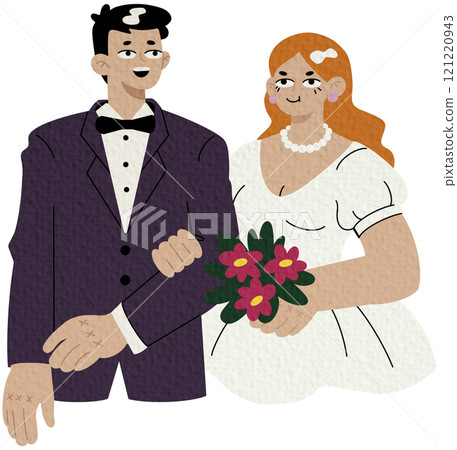 Wedding ceremony. Bride and groom standing together in a formal clothes. Flat vector illustration. Wedding ceremony. Bride and groom standing together in a formal clothes. Flat vector illustration. 121220943