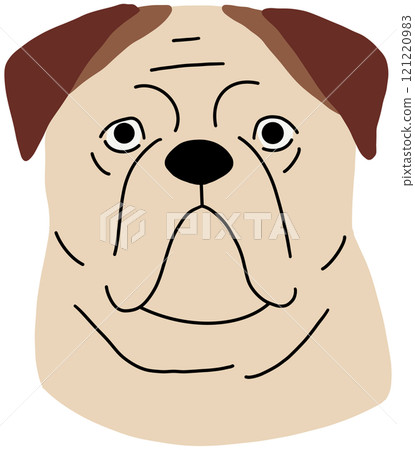 American bulldog head, dog avatar. Animal face, canine portrait. Purebred doggy, cute strong puppy muzzle. Serious funny pup snout. Flat vector illustration isolated on white background	 121220983