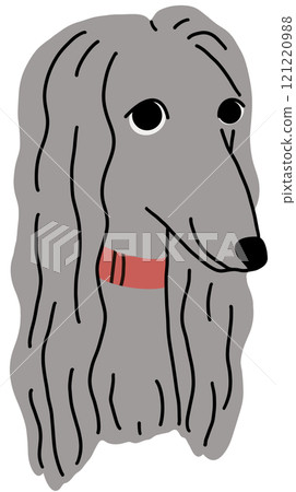 Afghan hound breed, cute dog avatar. Funny puppy face, head portrait. Adorable doggy with long coat. Home companion pup muzzle. Flat graphic vector illustration isolated Afghan hound breed, cute dog avatar. Funny puppy face, head portrait. Adorable doggy with long coat. Home companion pup muzzle. Flat graphic vector illustration isolated 121220988