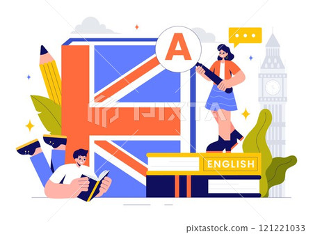 English Language Vector Illustration featuring Students Studying Foreign Languages, Global Communication, and Elementary Grammar Lessons Background 121221033