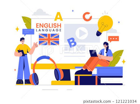 English Language Vector Illustration featuring Students Studying Foreign Languages, Global Communication, and Elementary Grammar Lessons Background English Language Vector Illustration featuring Students Studying Foreign Languages, Global Communication, and Elementary Grammar Lessons Background 121221034