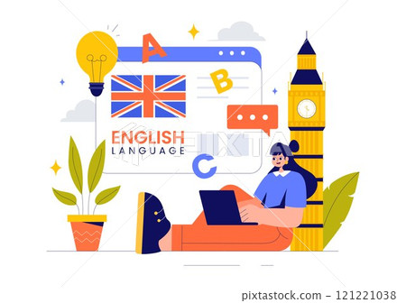 English Language Vector Illustration featuring Students Studying Foreign Languages, Global Communication, and Elementary Grammar Lessons Background 121221038