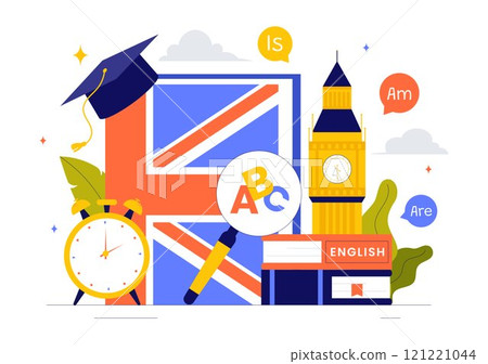 English Language Vector Illustration featuring Students Studying Foreign Languages, Global Communication, and Elementary Grammar Lessons Background 121221044