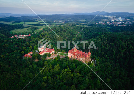 Aerial View of Historic Ksiaz Castle Surrounded by Forest 121221295