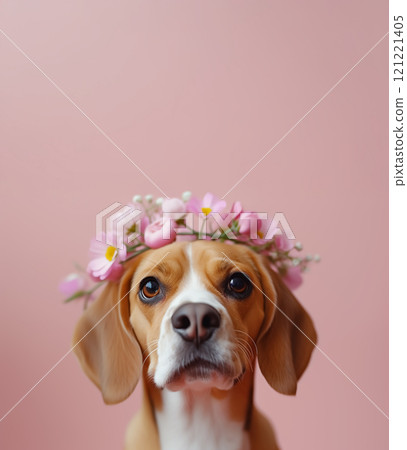 頭上戴著花冠的比格犬 AI 生成影像 121221405