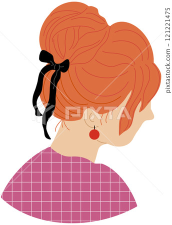 Ladies with various haircuts and accessories. Look from behind. Rear view. Women with styling and dressed in different clothes and collars. Heads and shoulders. Beauty trendy salon concept. 121221475