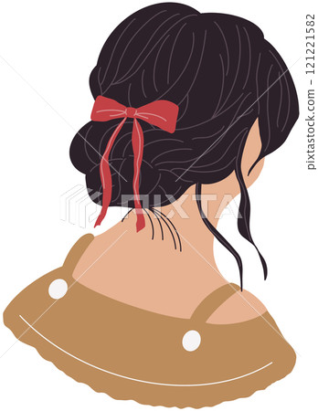 Ladies with various haircuts and accessories. Look from behind. Rear view. Women with styling and dressed in different clothes and collars. Heads and shoulders. Beauty trendy salon concept. 121221582