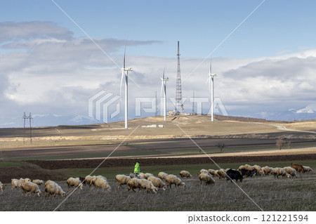 A rural Georgian landscape with wind turbines on rolling hills, a flock of sheep grazing in the foreground 121221594