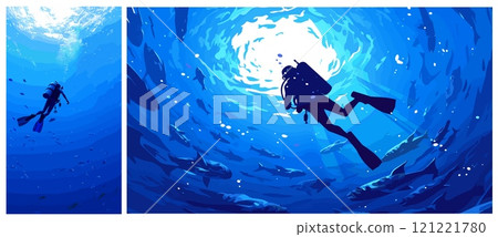 diving underwater background. scuba divers, blue ocean sea dive water swimming silhouette school of fish profession tourism hobby cartoon vector illustration 121221780