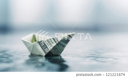 debt defaulting crisis concept. paper boat made from dollar bill floating on water, symbolizing financial risk 121221874
