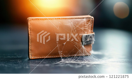 debt defaulting crisis concept. old leather wallet covered in cobwebs on dark surface with warm light 121221875