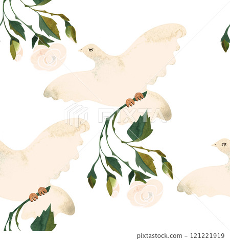 White doves with roses. Love mail. Watercolor seamless pattern for textiles and wrapping paper for wedding or Valentine's Day, February 14. White doves with roses. Love mail. Watercolor seamless pattern for textiles and wrapping paper for wedding or Valentine's Day, February 14. 121221919