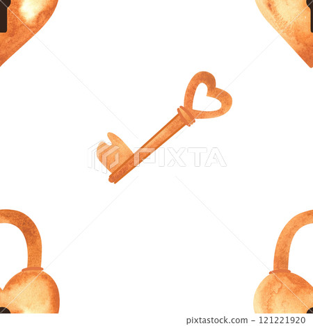 Seamless pattern with golden heart-shaped locks and keys. Watercolor illustration for textiles and wedding wrapping paper 121221920
