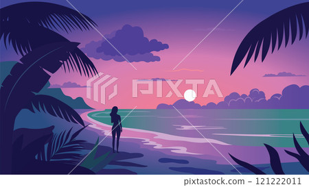 Back View of Woman Silhouette on the Beach Landscape with Tropical Plants and Sun at Sunrise Sunset 121222011