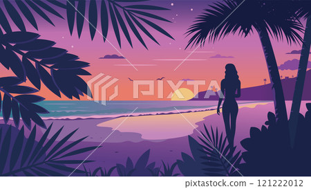 Back View of Woman Silhouette on the Beach Landscape with Tropical Plants and Sun at Sunrise Sunset 121222012