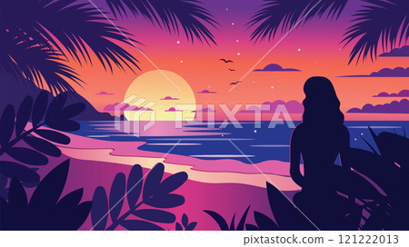 Back View of Woman Silhouette on the Beach Landscape with Tropical Plants and Sun at Sunrise Sunset 121222013