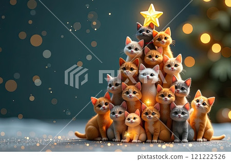 Cartoon Christmas tree from cats made against festive background with glitter, Multicolour hundreds cats stack in shape of tall Christmas tree with golden glowing garland lights. AI generated 121222526