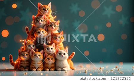 Cartoon Christmas tree from cats made against festive background with glitter, Multicolour hundreds cats stack in shape of tall Christmas tree with golden glowing garland lights. AI generated 121222535