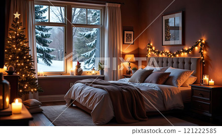 Cozy bedroom with a bed by window with Christmas decor and a Christmas tree and warm light garlands and candles - inside view in winter and snow. Celebrate Christmas and New Year, Christmas mood. AI 121222585