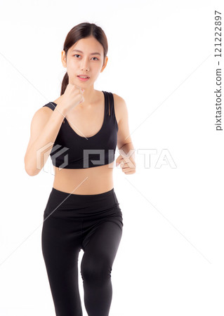 Portrait of beautiful young asian woman in sportswear jogging for workout isolated. 121222897