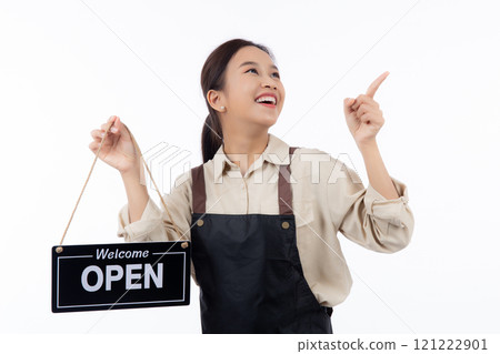 Portrait young asian barista woman wearing apron holding open sign for inviting customer to enter. 121222901