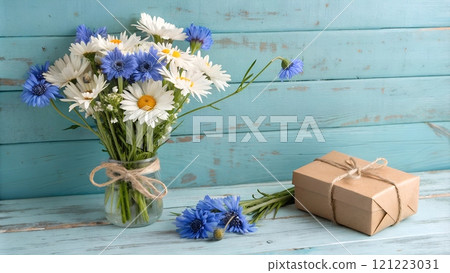 Stunning bouquet of white daisies and blue cornflowers with handmade gift 121223031