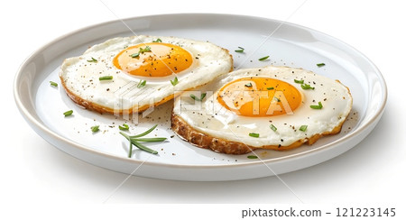Breakfast dish featuring sunny side up eggs on a white plate with herbs 121223145