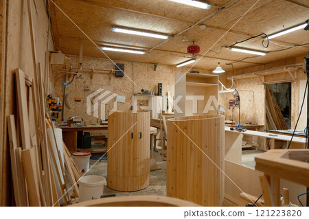 Carpentry workshop interior for production of new wooden furniture Carpentry workshop interior for production of new wooden furniture 121223820