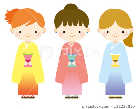 三個穿著不同顏色和服的女孩的插圖 121223850