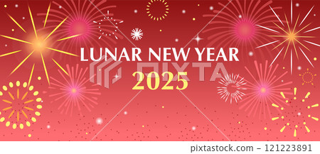 Lunar New Year 2025 fireworks banner with red and gold festive background vector design 121223891