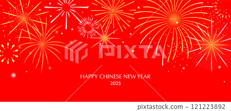 Festive Chinese New Year red fireworks background for 2025 celebration with golden decorations 121223892