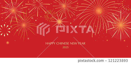 Chinese New Year 2025 fireworks celebration red vector banner with modern golden elements Chinese New Year 2025 fireworks celebration red vector banner with modern golden elements 121223893
