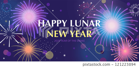 Happy Lunar New Year 2025 modern fireworks celebration banner with blue and gold vector glow Happy Lunar New Year 2025 modern fireworks celebration banner with blue and gold vector glow 121223894