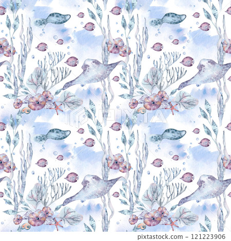 Ocean creatures and corals, sea plants watercolor seamless pattern isolated. Underwater world botanical elements on brush stroke. Stingray, fish, laminaria soft colors drawn marine design textile. 121223906