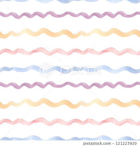 Horizontal wave colorful lines in watercolor seamless pattern isolated. Lines painted in shades of peach, pink, blue, and lavender for marine background. Rippled lines ornament in marine style. Horizontal wave colorful lines in watercolor seamless pattern isolated. Lines painted in shades of peach, pink, blue, and lavender for marine background. Rippled lines ornament in marine style. 121223920