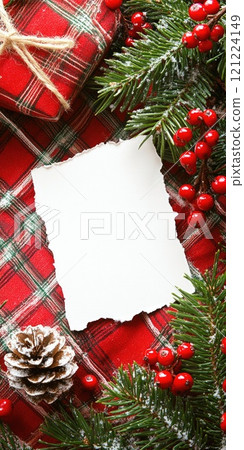 Christmas greeting card template with blank white card on festive red plaid background 121224149
