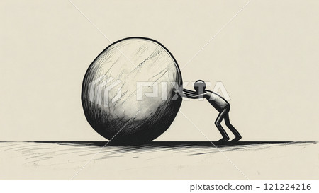 手繪鉛筆畫壹個努力向前推石頭的抽象化小人 121224216